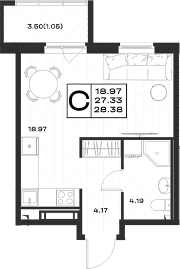 Планировка: Студия 27,3 м² в ЖК «Имена»