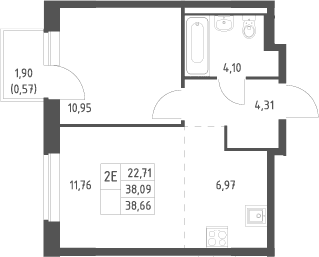Планировка: Евродвушка 38,1 м² в ЖК «Новое Видное»