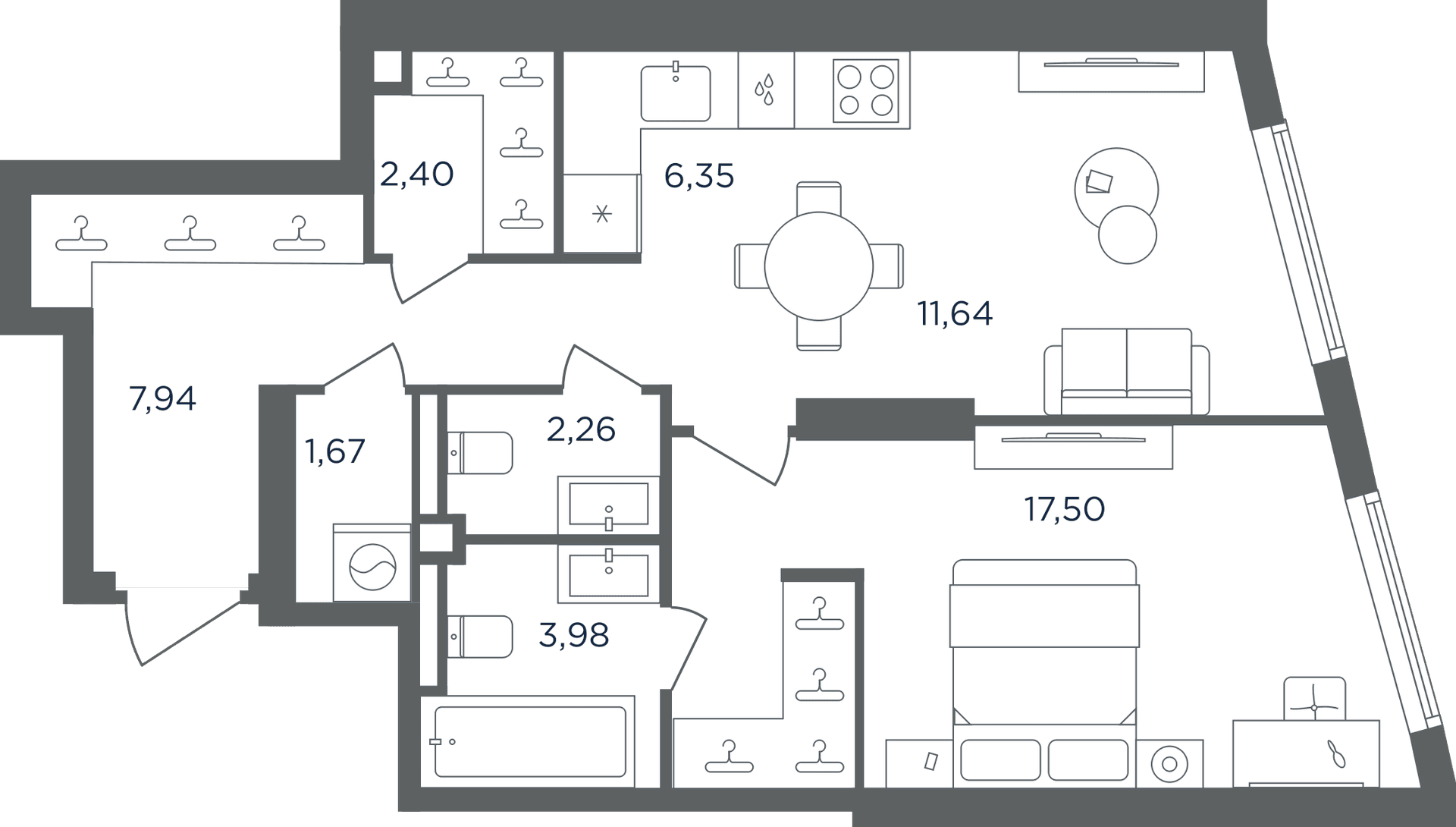 Планировка: Евродвушка 53,7 м² в ЖК «Сикрет Гарден»
