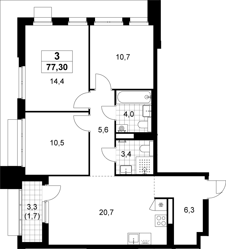 Планировка: Квартира евро-4 75,6 м² в ЖК «Деснаречье»