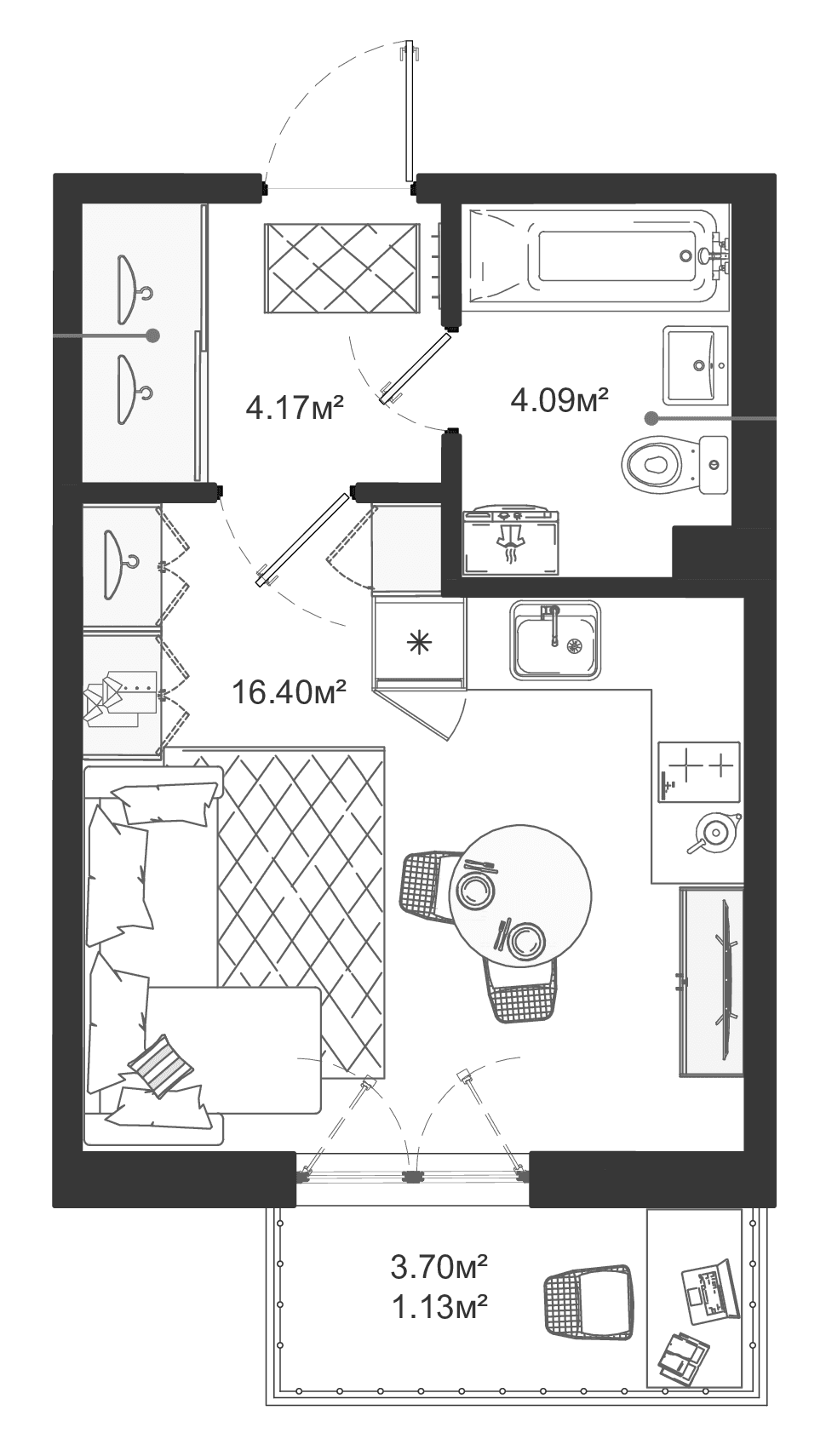 Планировка: Студия 24,7 м² в ЖК «ЛесАрт»