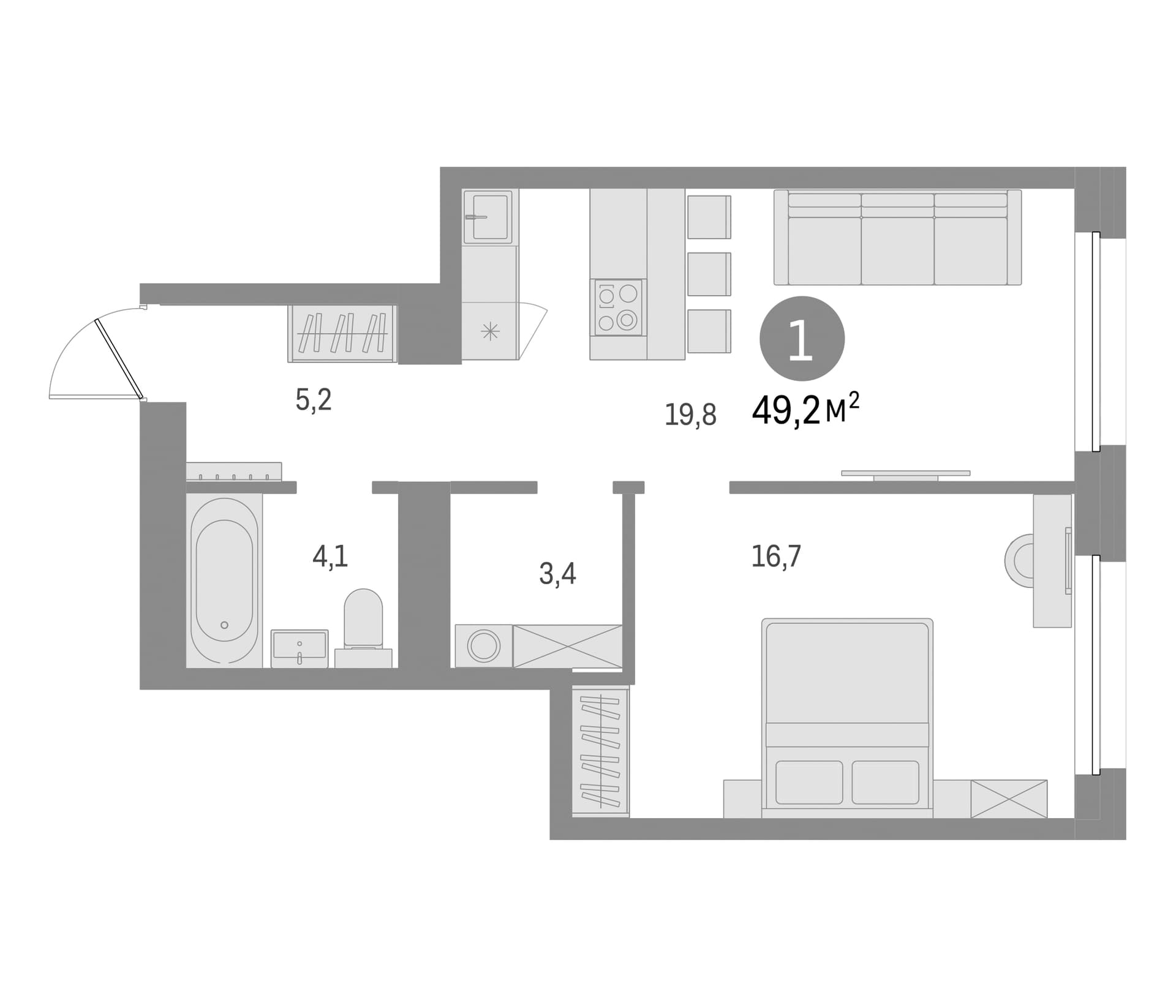 Планировка: 1-комнатная квартира 49,2 м² в ЖК «Северный ветер»