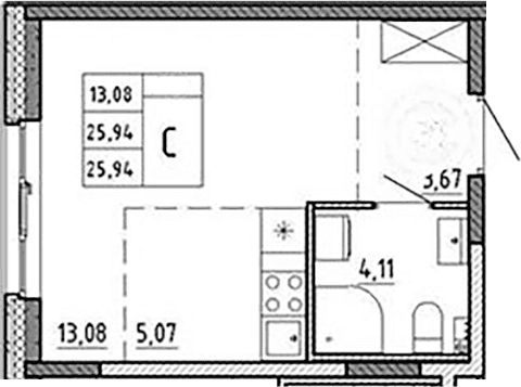 Планировка: Студия 25,9 м² в ЖК «Аннино Сити»