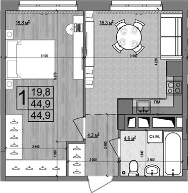 Планировка: Евродвушка 44,9 м² в ЖК «Гранд Комфорт 2»
