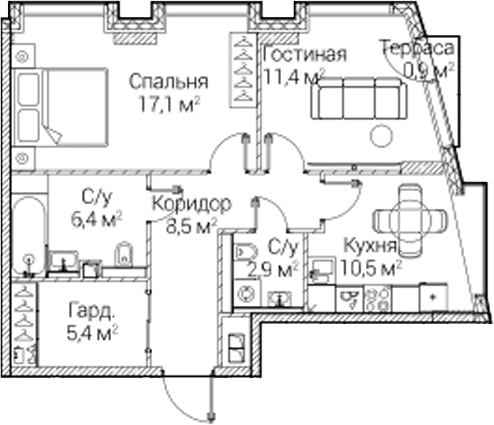 Планировка: 2-комнатная квартира 61,7 м² в ЖК «СЕЗАР БУДУЩЕЕ»