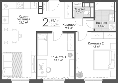 Планировка: Евротрёшка 65 м² в ЖК «Руднева, 15»
