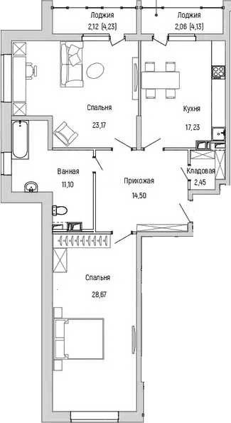Планировка: 2-комнатная квартира 97,1 м² в ЖК «Рига Хиллс»