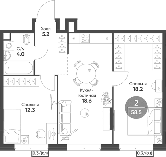 Планировка: Евротрёшка 58,3 м² в ЖК «Соколинн Парк»