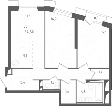Планировка: Евротрёшка 63,6 м² в ЖК «Скай Спутник»