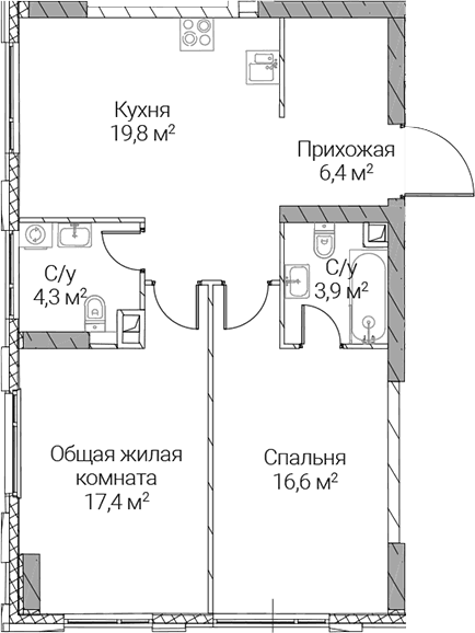 Планировка: 2-комнатная квартира 68,4 м² в ЖК «СЕЗАР СИЛИКА»