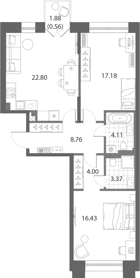 Планировка: Евротрёшка 76,7 м² в ЖК «Нева Арт»