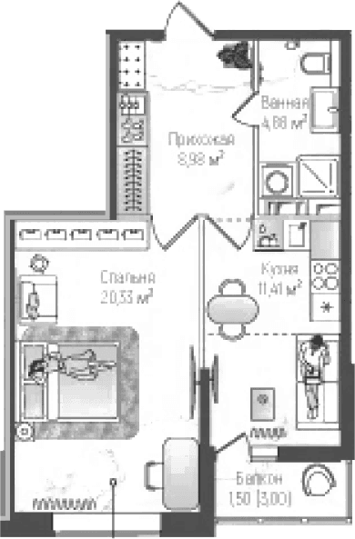 Планировка: 1-комнатная квартира 45,6 м² в ЖК «Рига Хиллс»
