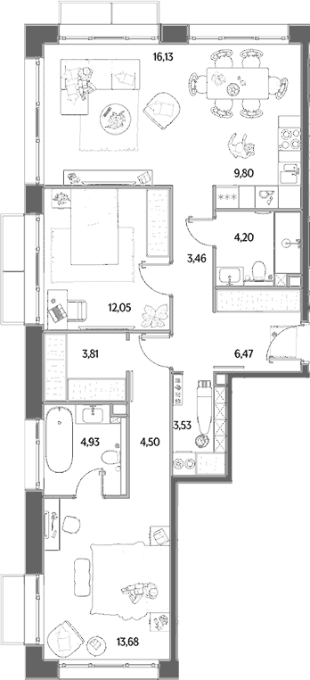 Планировка: Евротрёшка 82,6 м² в ЖК «МЫС»