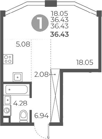 Планировка: Студия 36,4 м² в ЖК «Мневники от Гранель»