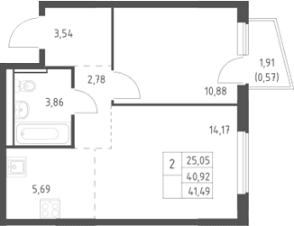 Планировка: Евродвушка 40,9 м² в ЖК «Егорово парк»