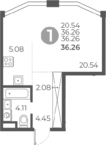 Планировка: Студия 36,3 м² в ЖК «Мневники от Гранель»
