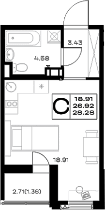 Планировка: Студия 26,9 м² в ЖК «Борский»