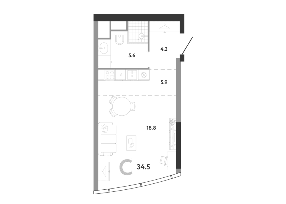 Планировка: Студия 34,5 м² в ЖК «АУРУС Резиденции»