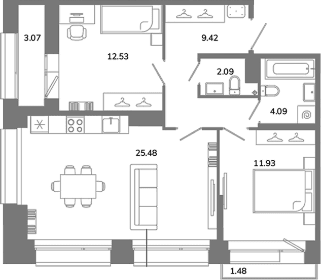 Планировка: Евротрёшка 65,5 м² в ЖК «Твой Космос»