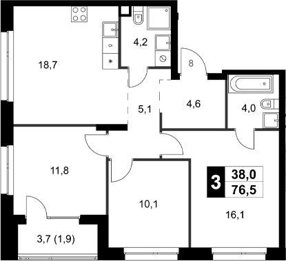 3-комнатная квартира