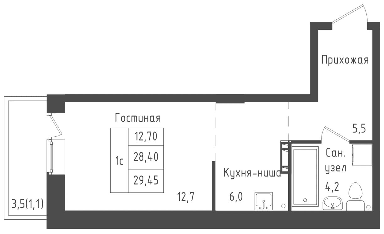Планировка: Студия 28,4 м² в ЖК «Зеленый город»