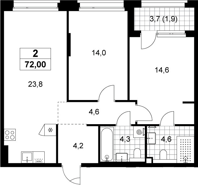 Планировка: Евротрёшка 70,1 м² в ЖК «Хольм»