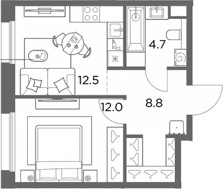 Планировка: 1-комнатная квартира 38 м² в ЖК «Станиславский»
