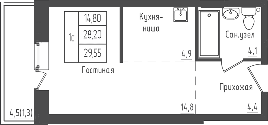 Планировка: Студия 28,2 м² в ЖК «Зеленый город»