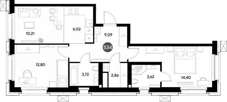 Планировка: Евротрёшка 62,7 м² в ЖК «ЭВО»