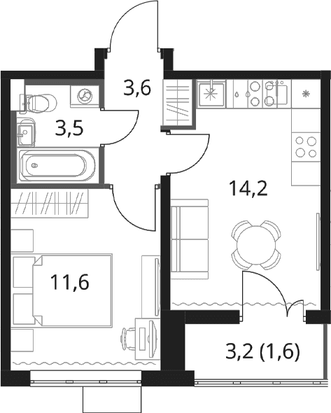 Планировка: 1-комнатная квартира 32,9 м² в ЖК «1-й Шереметьевский»