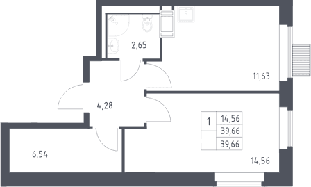 Планировка: 1-комнатная квартира 39,7 м² в ЖК «Большое Путилково»