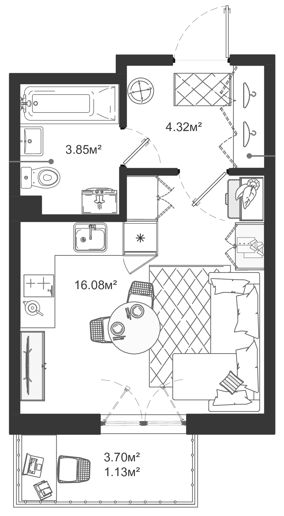 Планировка: Студия 24,3 м² в ЖК «ЛесАрт»