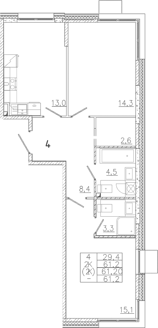 Планировка: 2-комнатная квартира 61,2 м² в ЖК «Лисино»