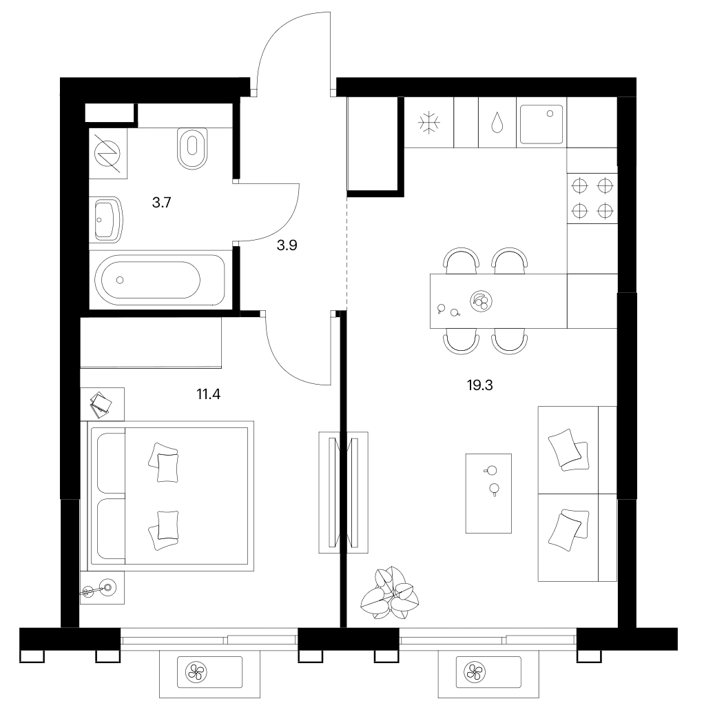 Планировка: 1-комнатная квартира 38,3 м² в ЖК «Белая Дача парк»