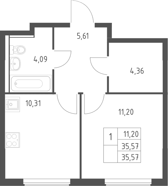 Планировка: 1-комнатная квартира 35,6 м² в ЖК «Егорово парк»