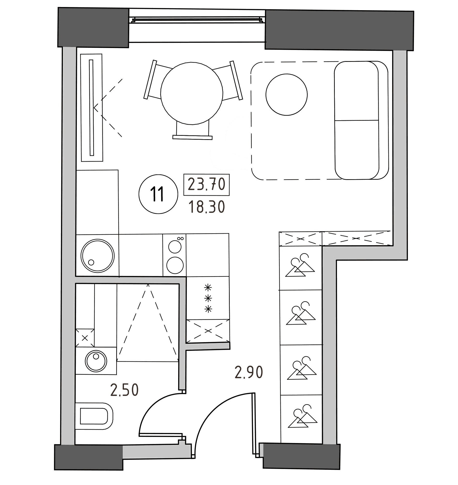 Планировка: Студия 23,7 м² в ЖК «Швецова, 4»