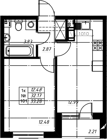 Планировка: 1-комнатная квартира 32,5 м² в ЖК «Огоньки»
