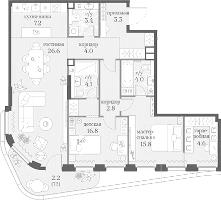 Планировка: 2-комнатная квартира 92,6 м² в ЖК «Муза»