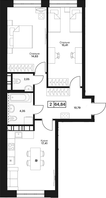Планировка: 2-комнатная квартира 64,8 м² в ЖК «Пушкино Град»