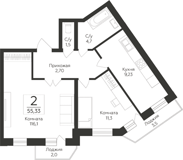 Планировка: 2-комнатная квартира 49,8 м² в ЖК «Гардарика Клаб»