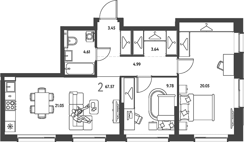 Планировка: 2-комнатная квартира 67,6 м² в ЖК «Страна.Парковая»