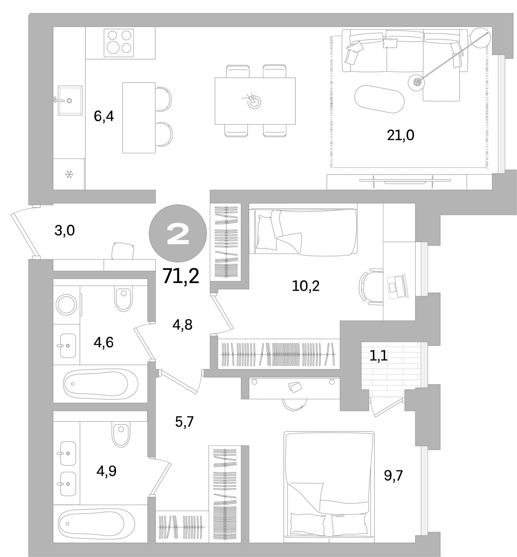 Планировка: 2-комнатная квартира 70,1 м² в ЖК «Северный ветер»