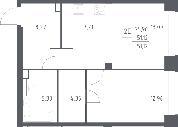Планировка: Евродвушка 51,1 м² в ЖК «НОВА»