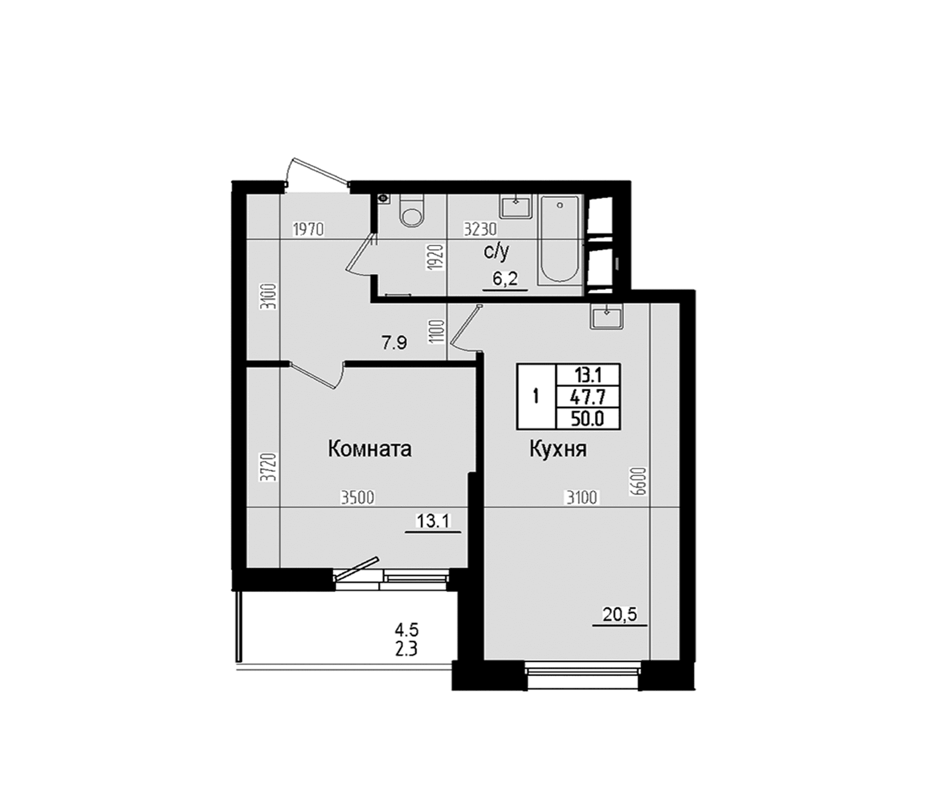 Планировка: Евродвушка 47,7 м² в ЖК «Прагма Сити»