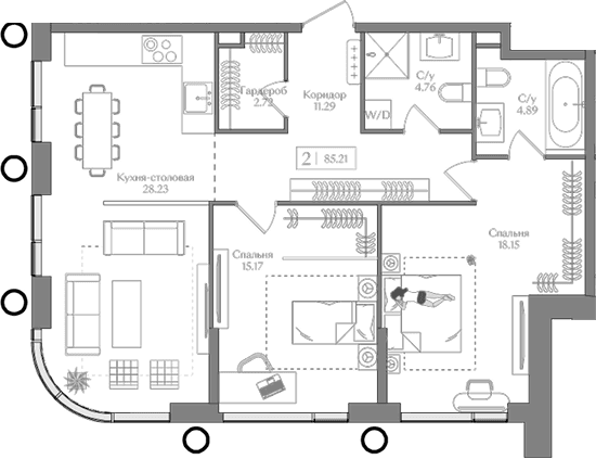 Планировка: Евротрёшка 85,2 м² в ЖК «Преображенская площадь»