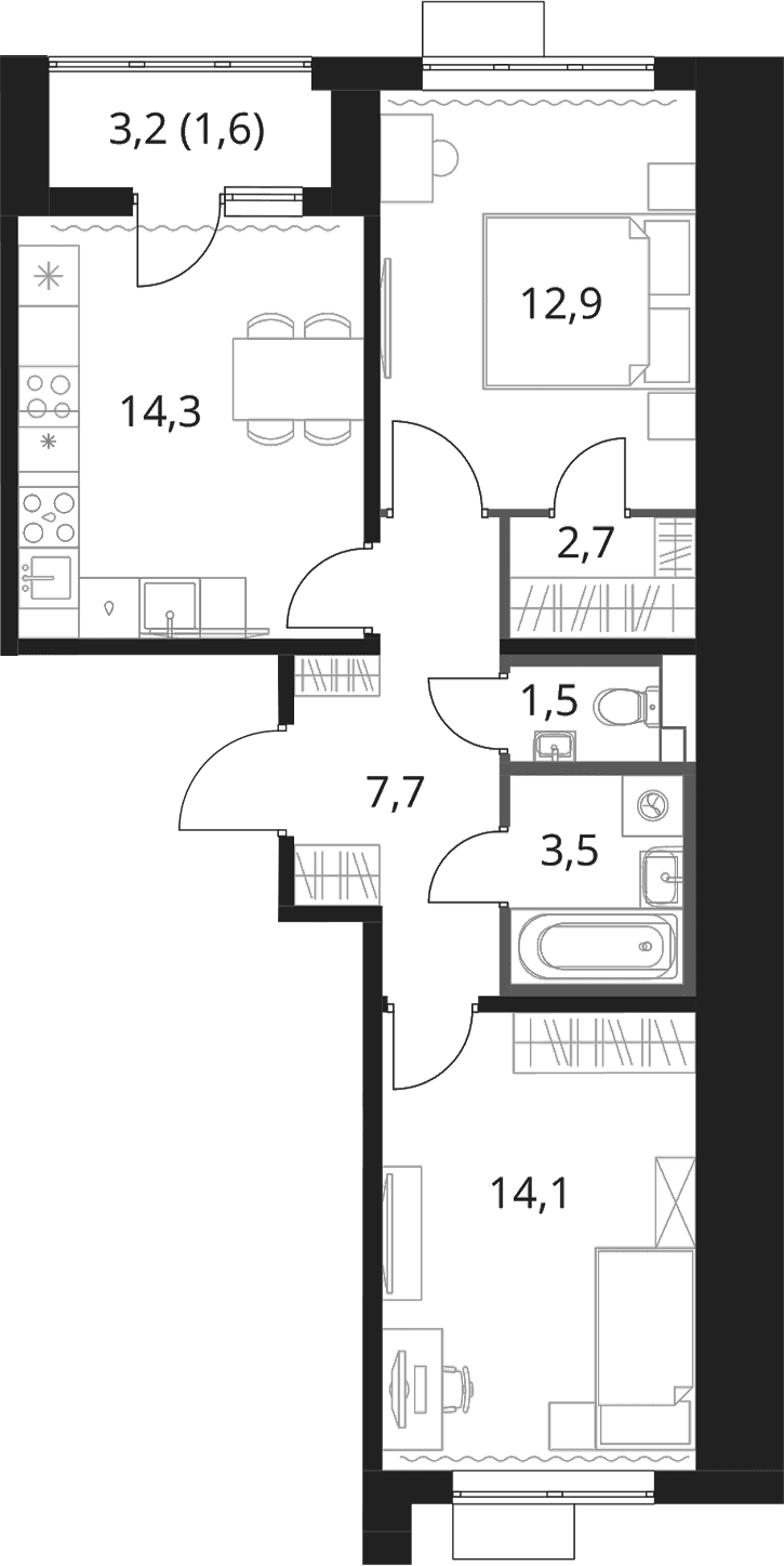 Планировка: 2-комнатная квартира 56,7 м² в ЖК «1-й Шереметьевский»