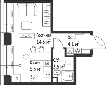 Планировка: Студия 27,5 м² в ЖК «СЕТ»