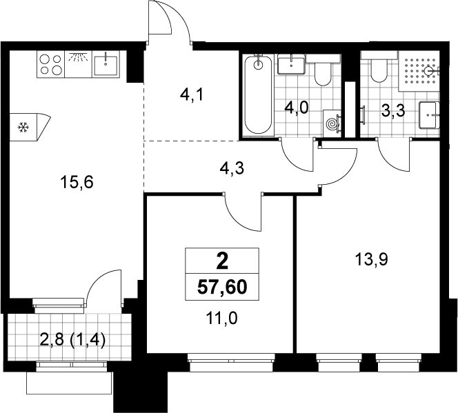 Планировка: 2-комнатная квартира 56,2 м² в ЖК «Деснаречье»
