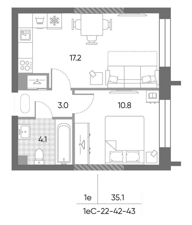 Планировка: Евродвушка 35,1 м² в ЖК «ЗилАрт»