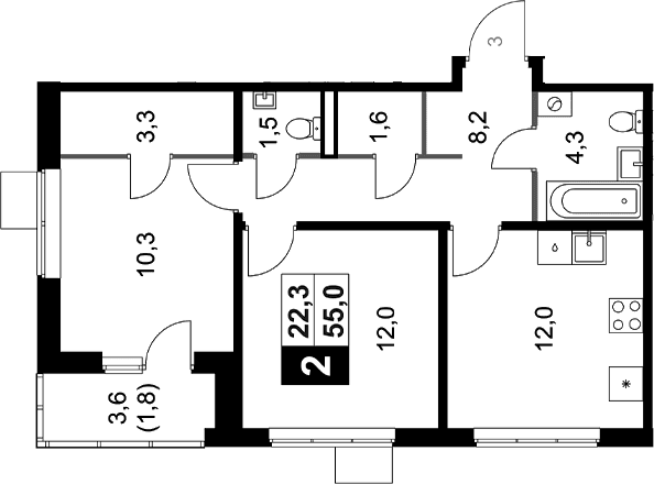 Планировка: 2-комнатная квартира 53,2 м² в ЖК «1-й Ясеневский»